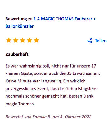 Referenz Bewertung Kindergarten Zaubershow Feier Fest Geburtstag Hochzeit Zauberkünstler Zauberer Stuttgart Ludwigsburg Heilbronn Waiblingen Magier